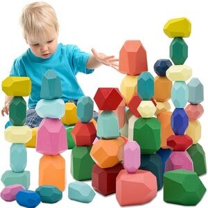Wooden Montessori Stacking Toys Colorful Stones Building Blocks Learn Sensory